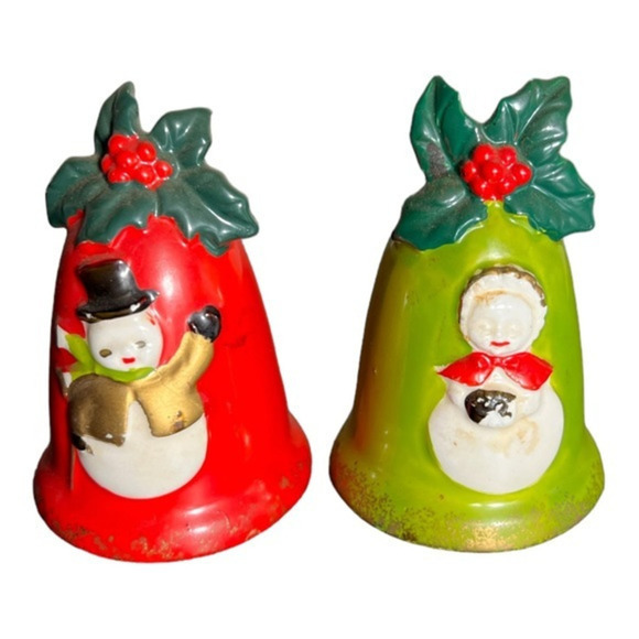 Vtg Red Green Christmas‎ Snowman Bells Holly Salt Pepper Shakers Lefton Japan - Picture 1 of 4